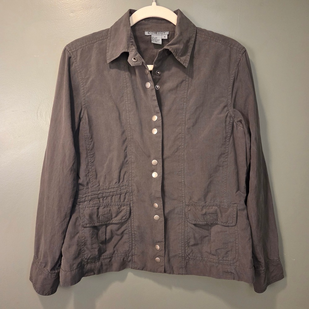 Co & Eddy Women's 100% Silk Snap Button Up Lightweight Jacket Size M Gray
